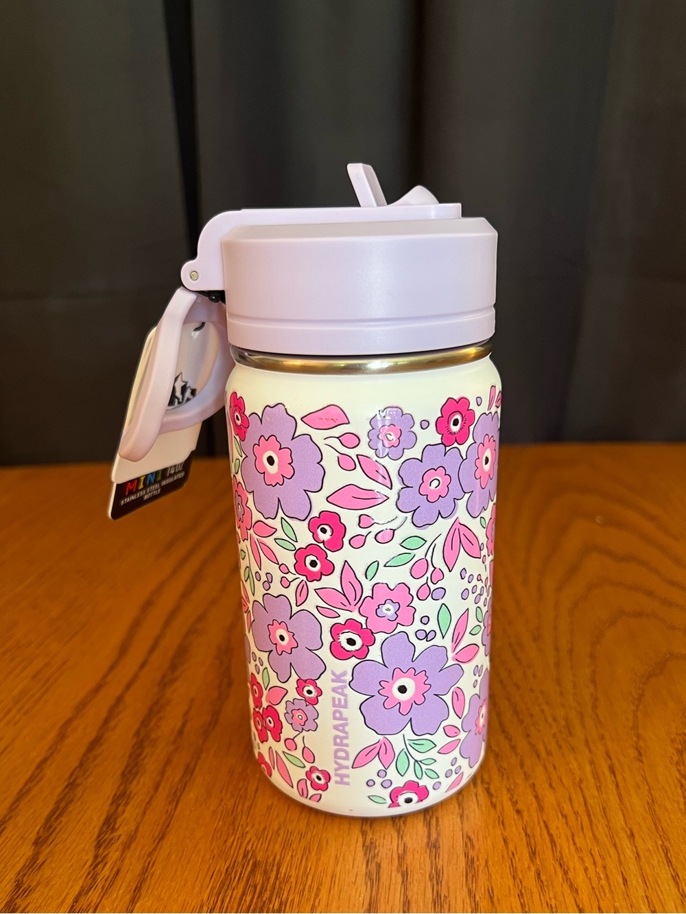 14 oz Hydrapeak Pink & Purple Flowers on White with Purple Cover Water Bottle